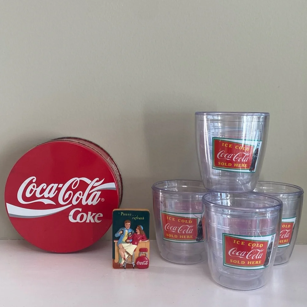 Coca Cola Collectors Set Vintage Coca Cola Tin Acrylic Tumblers Glasses Magnet